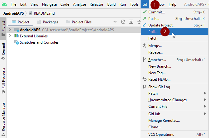 Android Studio Menü - Git - Pull