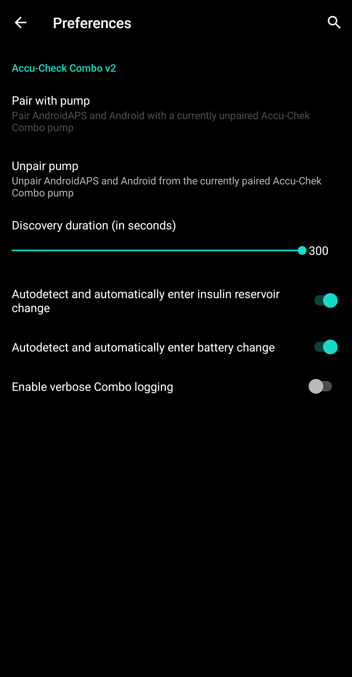 Screenshot der Accu-Chek Combo Einstellungen