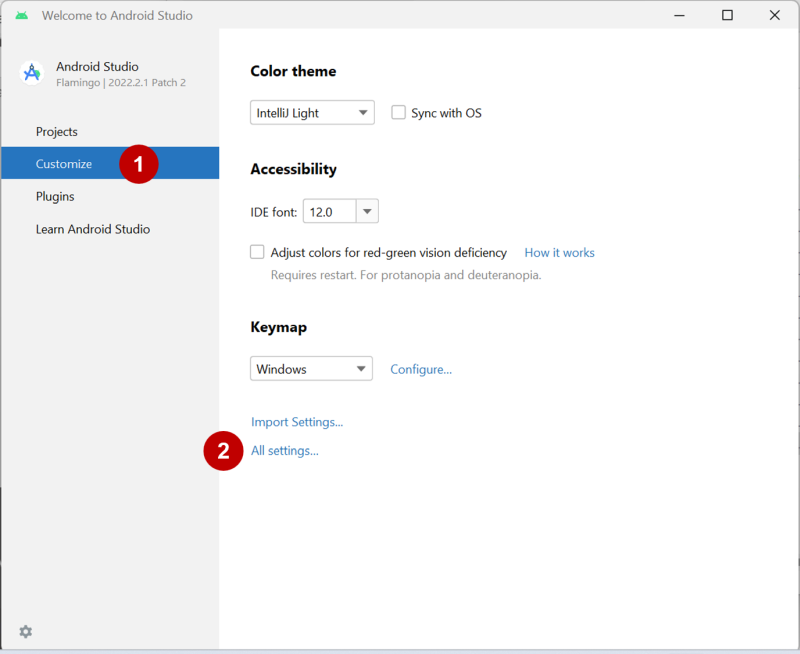 Android Studio settings from welcome screen