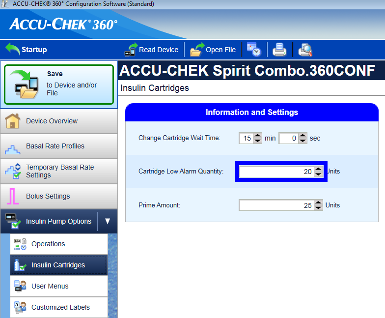 Screenshot of insulin cartridge settings